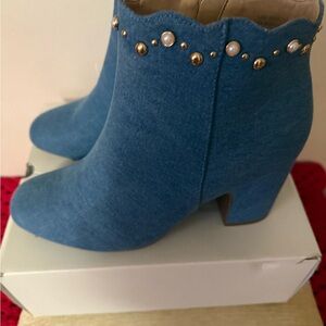 Blue Ankle Boots with Pearl and Gold Accents